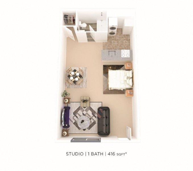 Floor plan for studio, 1 bath, 420 sqft